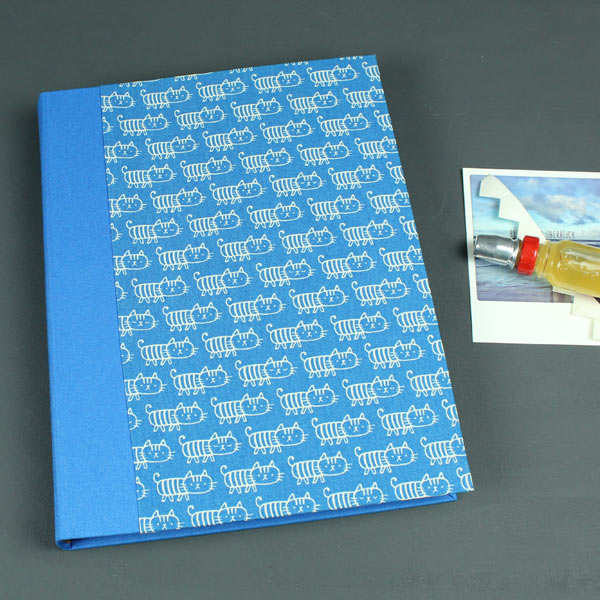 Leuchtend blaues Fotoalbum mit weißen Kätzchen