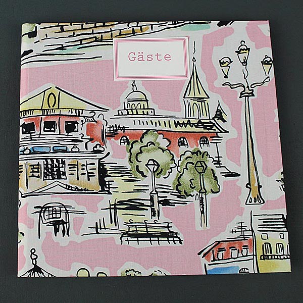 Rosa gemustertes Gästebuch Retro mit Parismotiven