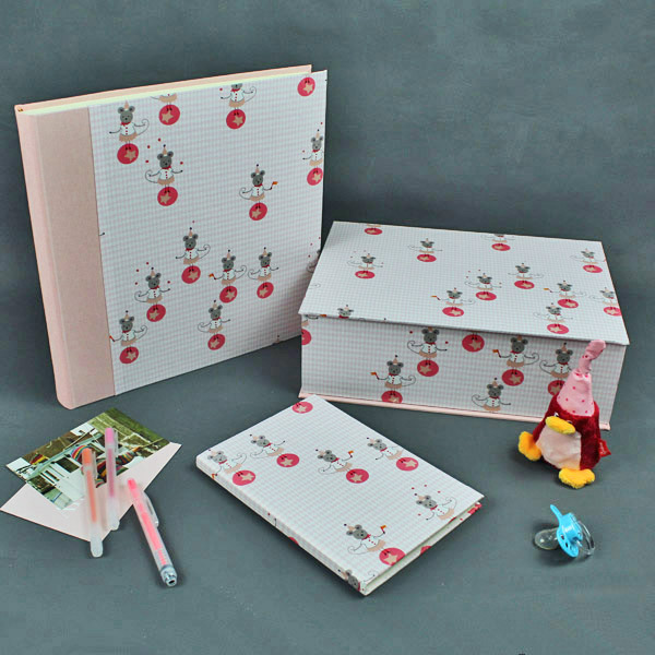 Baby Erinnerungsbox Set Rosa Apricot Grau mit kleinen Mäusen
