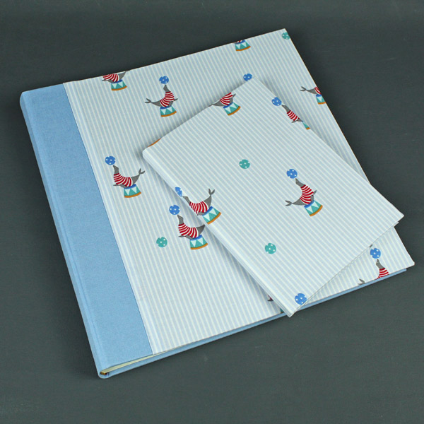 Blau weiß gestreiftes Fotoalbum mit passendem Babytagebuch