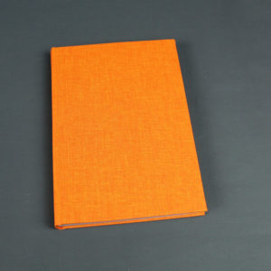 Schlichtes leuchtend orange farbenes Notizbuch mit bunten Registerseiten