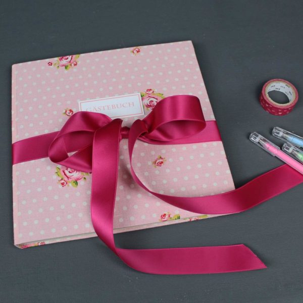 Hochzeitsgästebuch rosa weiß mit Röschen und Schleife