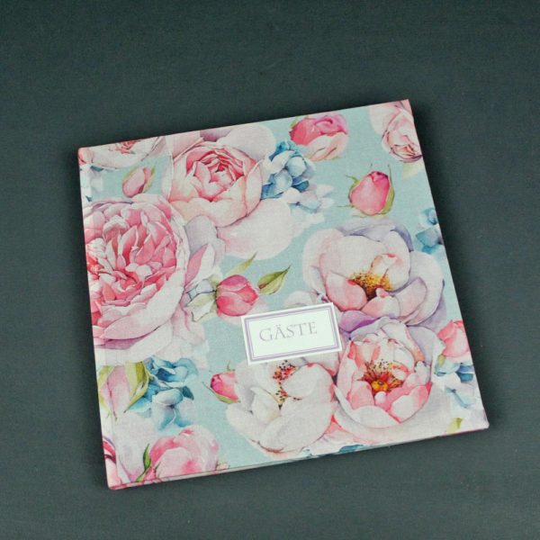 Gästebuch apricot zart blau mit Päonienblüten